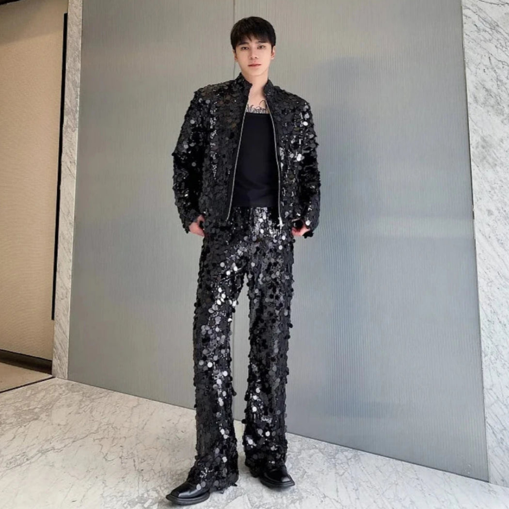 Statement Men's Shiny Sequin Blazer & Pants - Black