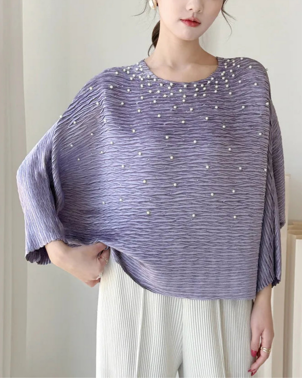 Stretch Pleats Plissé Dolman Blouse Pearl Japanese-Designer Travel