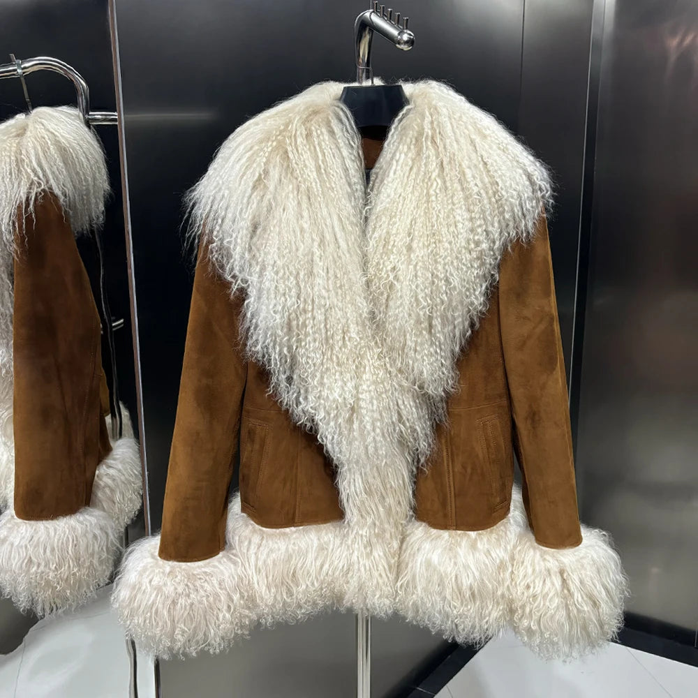 Suede Leather Jacket with Genuine Fur HEYFANCYSTYLE