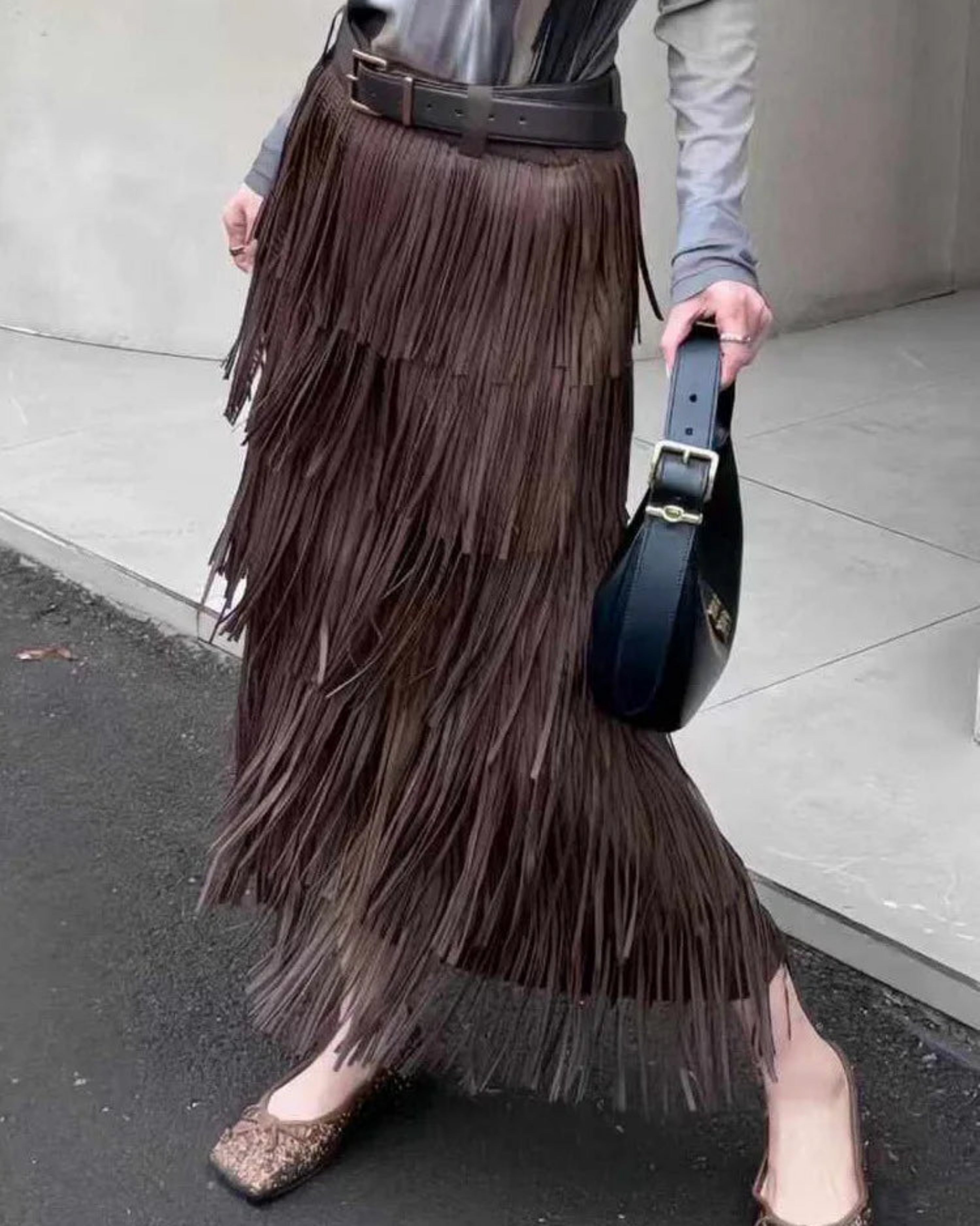 Tassel Faux Suede Midi Skirt – Designer-Inspired Luxury Skirt