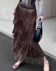 Tassel Faux Suede Midi Skirt – Designer-Inspired Luxury Skirt