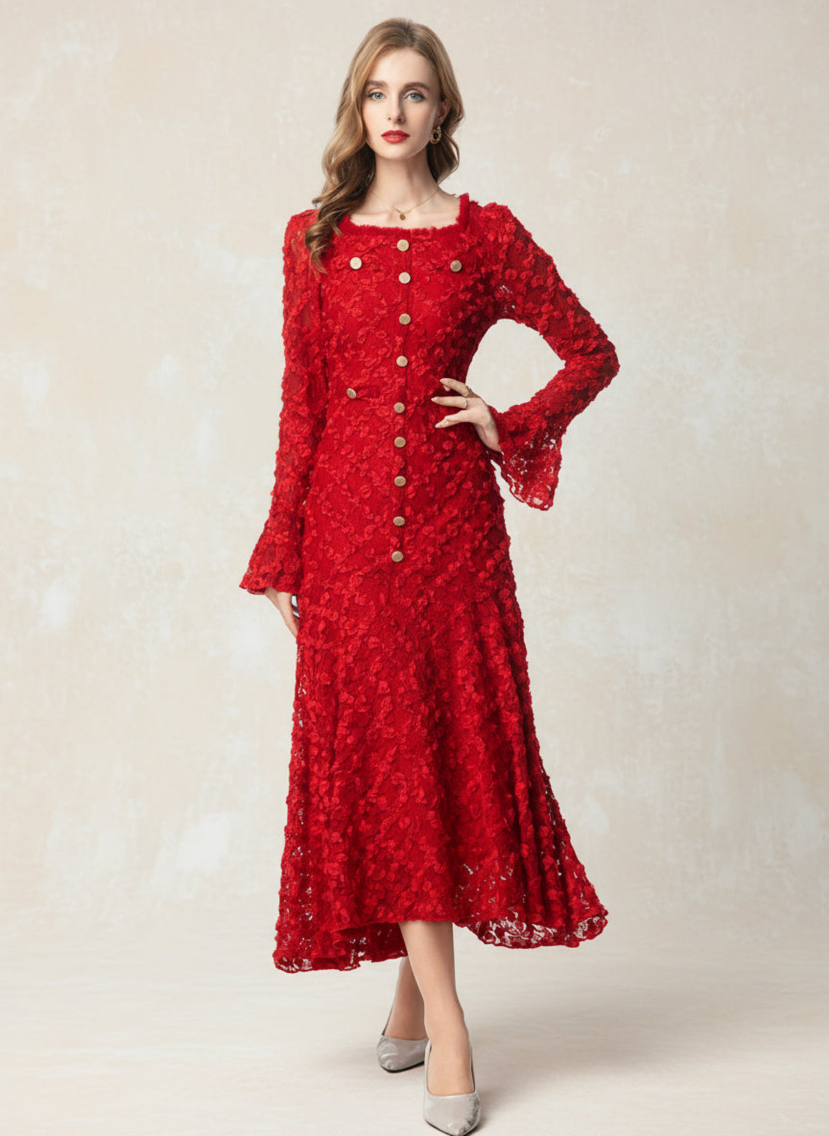 Textured Floral Lace Dress – Women’s Luxury Full-Length Evening Dress