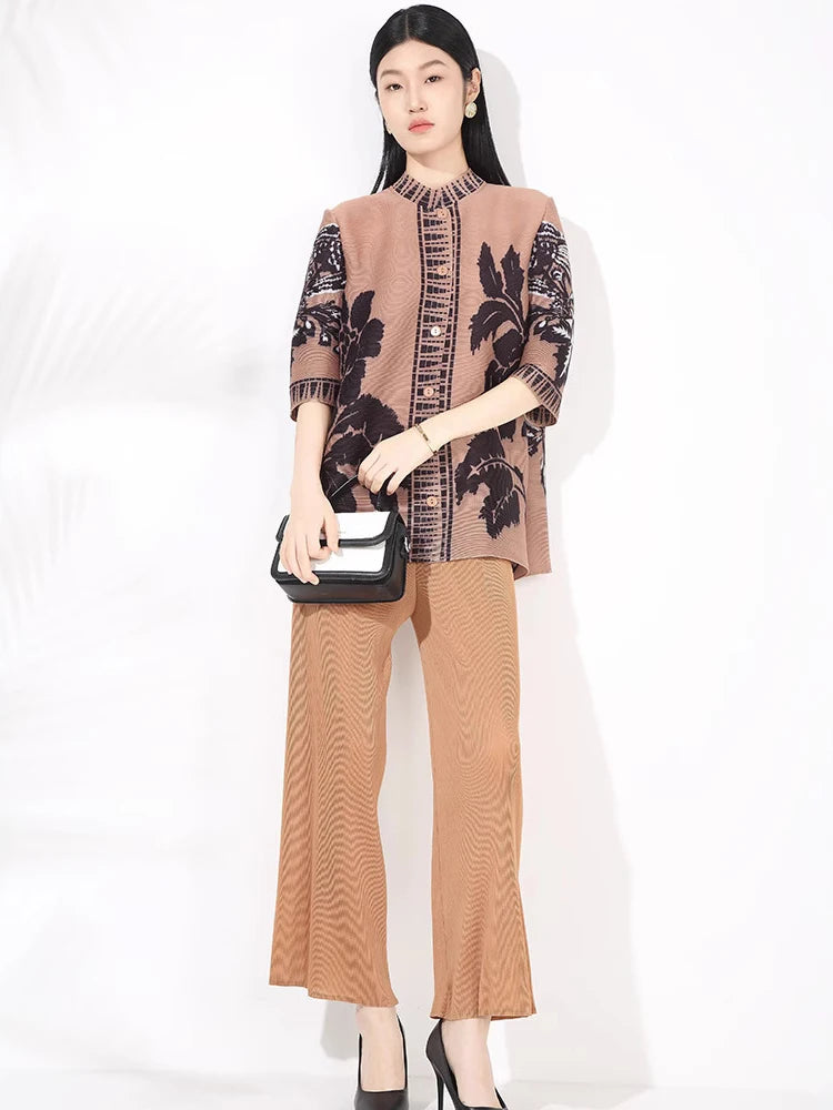 Textured Pleated Knit Co-ord Set with Floral Design for Everyday or Work - Khaki 