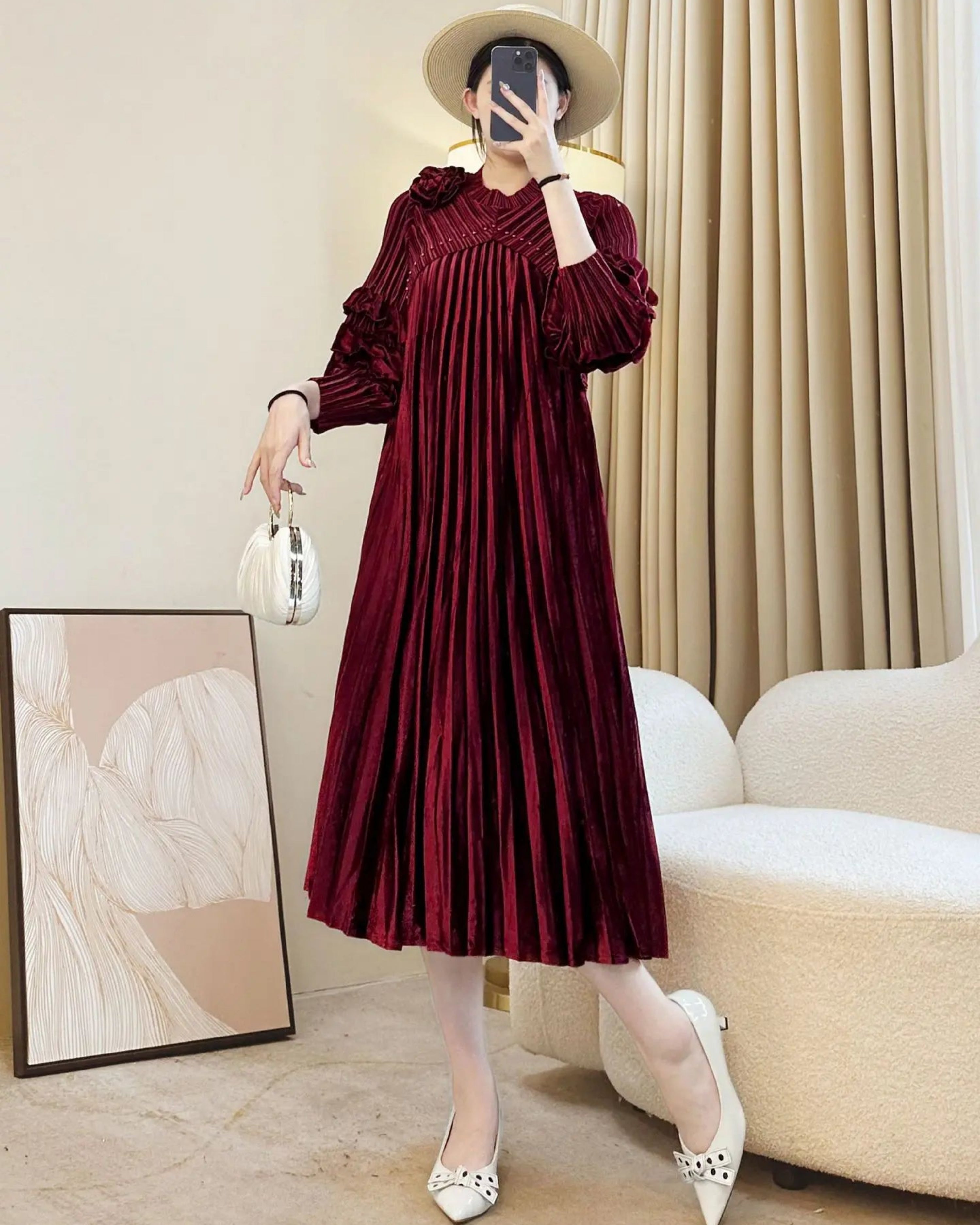 Thick Japanese Pleats Pleated Midi Long-Sleeve Dress