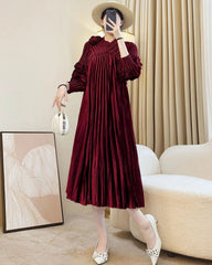 Thick Japanese Pleats Pleated Midi Long-Sleeve Dress