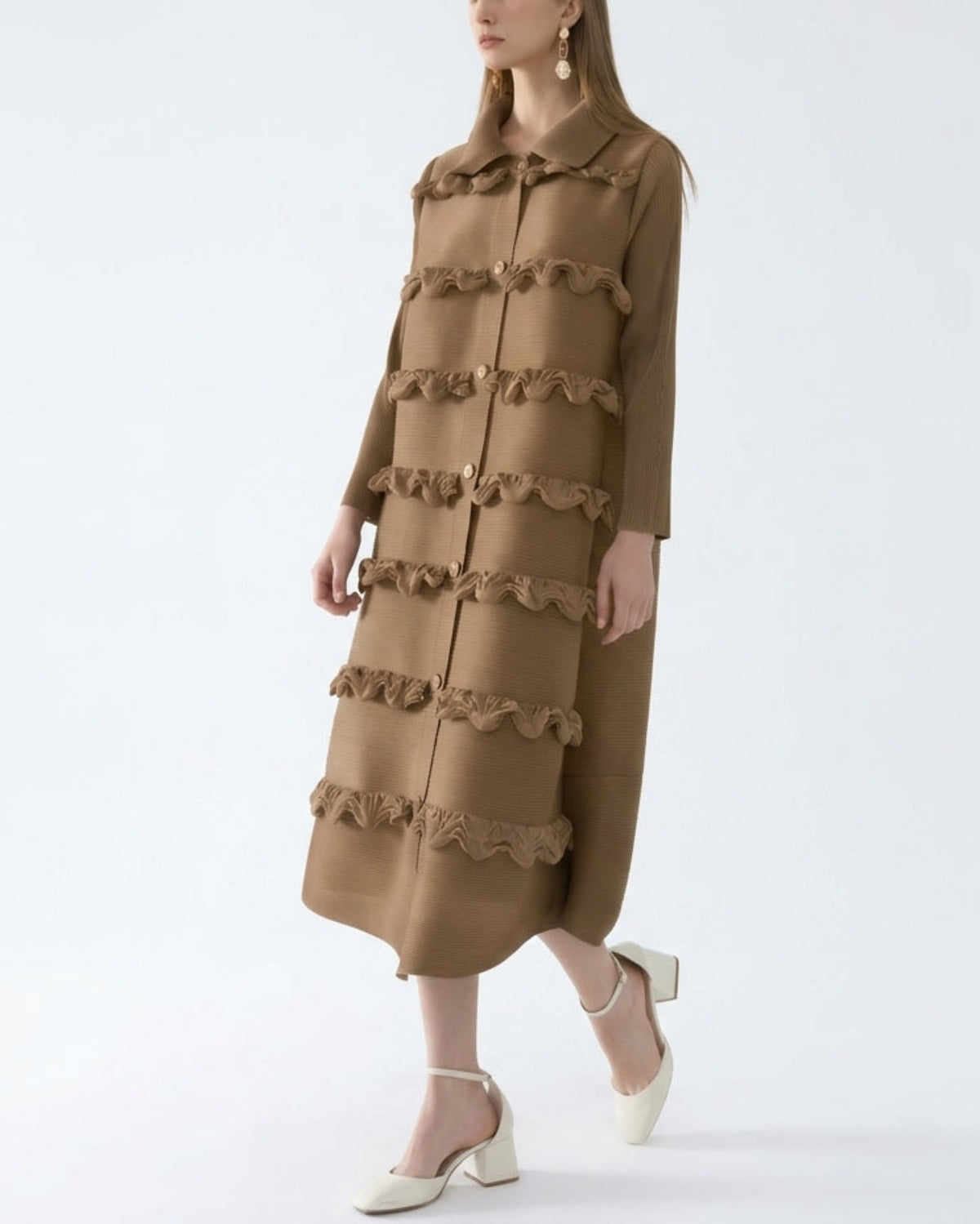 Tiered Ruffled Plissé Coat Dress