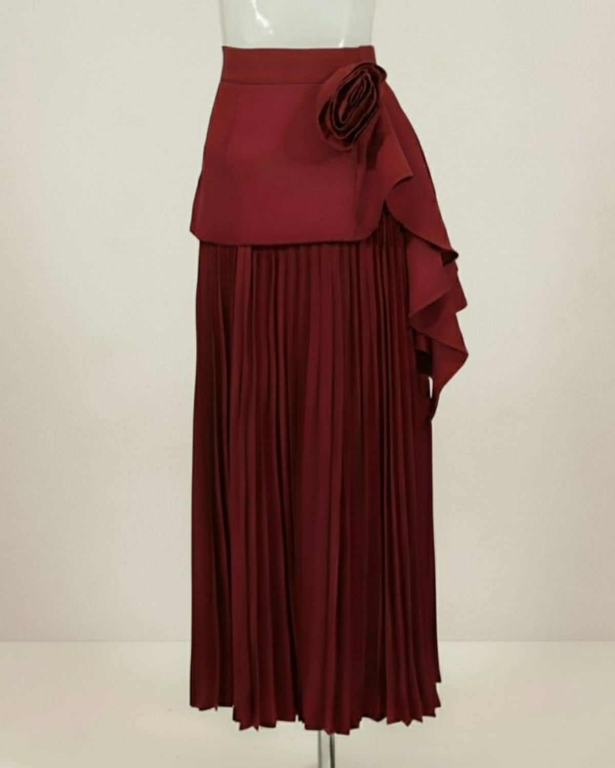 Travel Luxury Japanese Plissé Pleated Skirt – High-Waist A-Line with 3D Floral & Cascading Ruffles