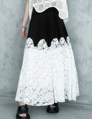 Two-Tone Pleated Lace Midi Skirt