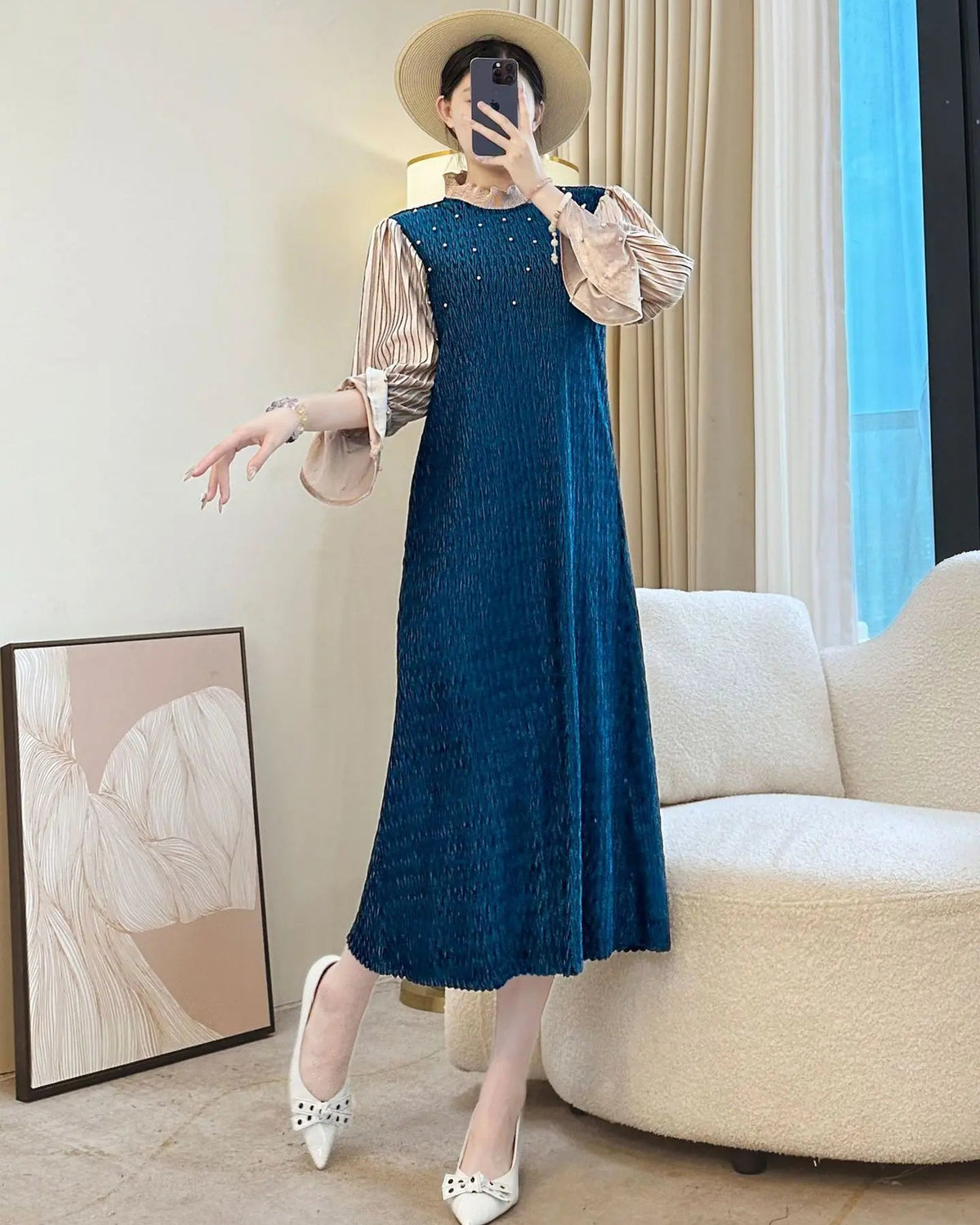 Unique Designer Plissé Midi Dress – Pleated Bounce Sheer Sleeves and Pearl Details