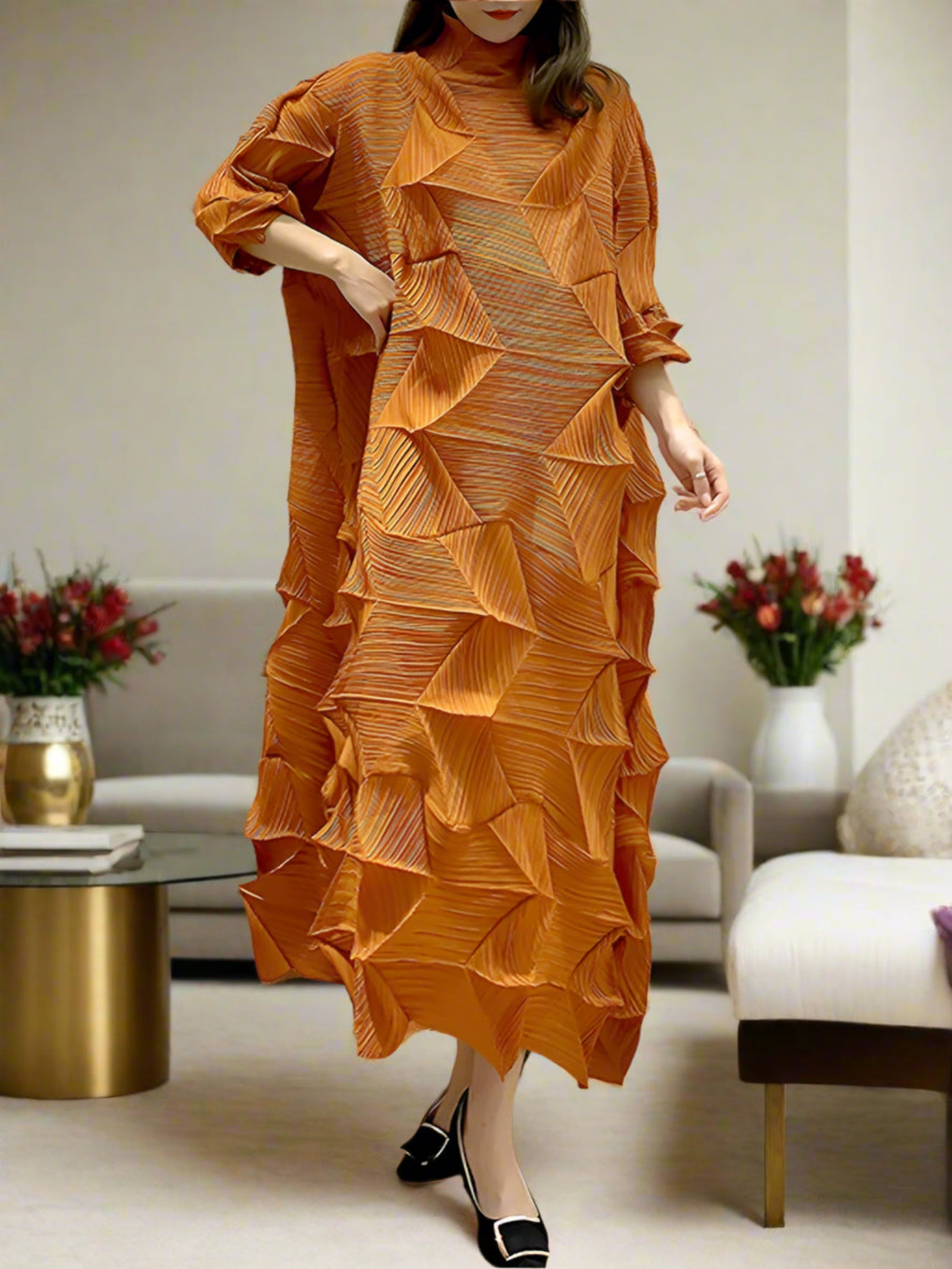 Unique Japanese Pleated Dress - Geometric Detail, 3/4 Sleeve, Special Event