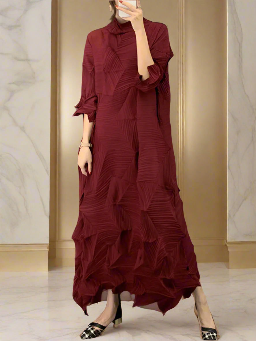 Unique Japanese Pleated Dress - Geometric Detail, 3/4 Sleeve, Special Event - Red