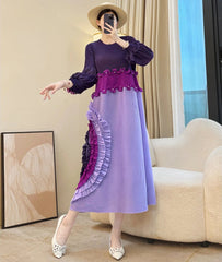 Unique Japanese Plissé Midi Long-Sleeve Dress – Luxury Travel & Casual