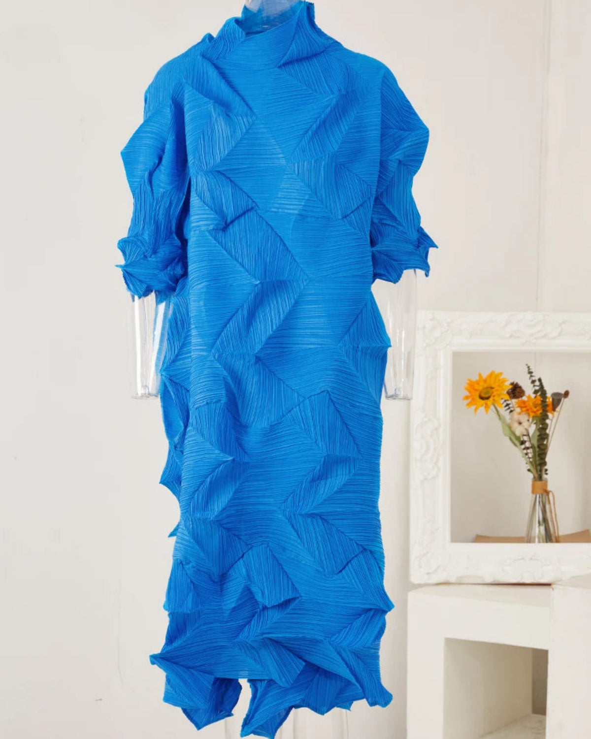 Women's Asymmetrical Japanese Pleated High Neck Midi Dress