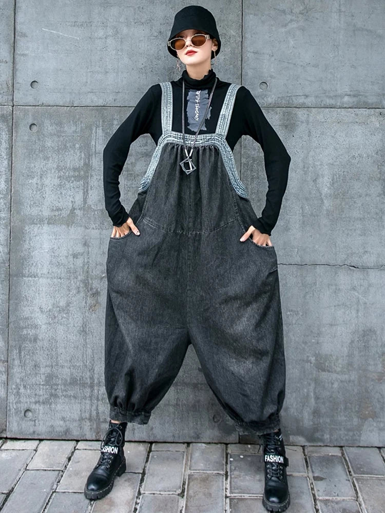 Women's Black Oversized Denim Overall Jumpsuit