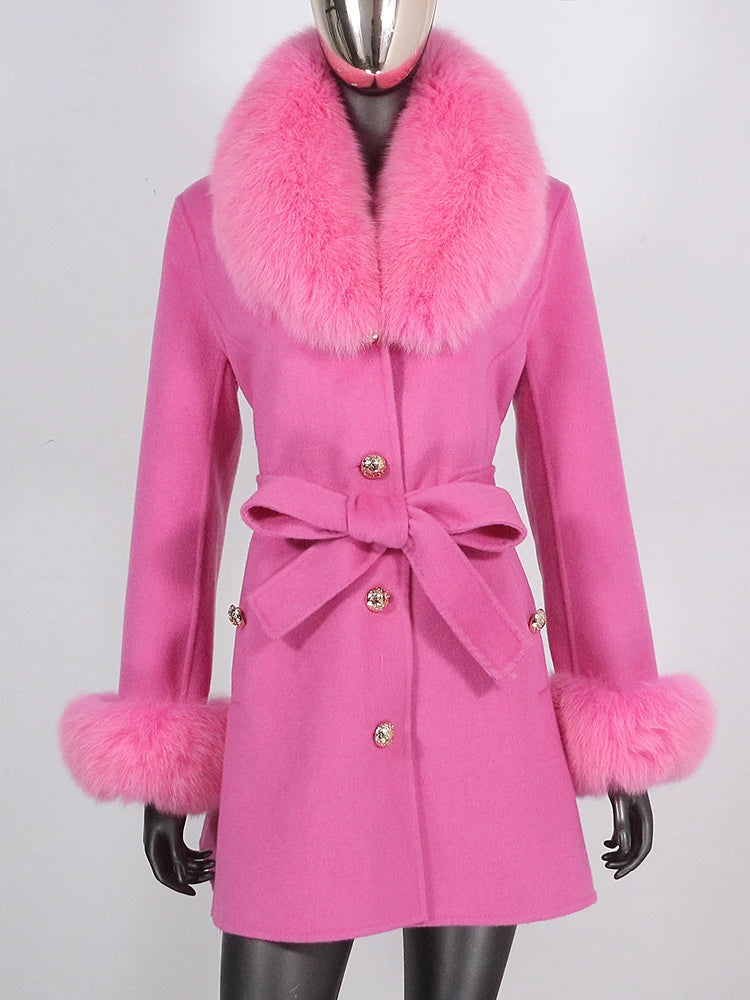Women's Cashmere Wool Coat with Fox Fur Collar - Rose Pink