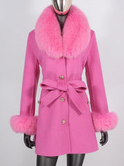 Women's Cashmere Wool Coat with Fox Fur Collar - Rose Pink