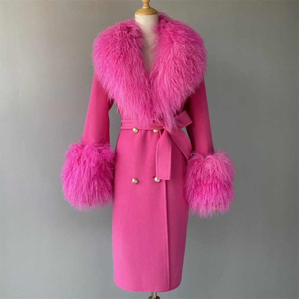 Women's Cashmere & Wool Sheep Fur Wrap Coat