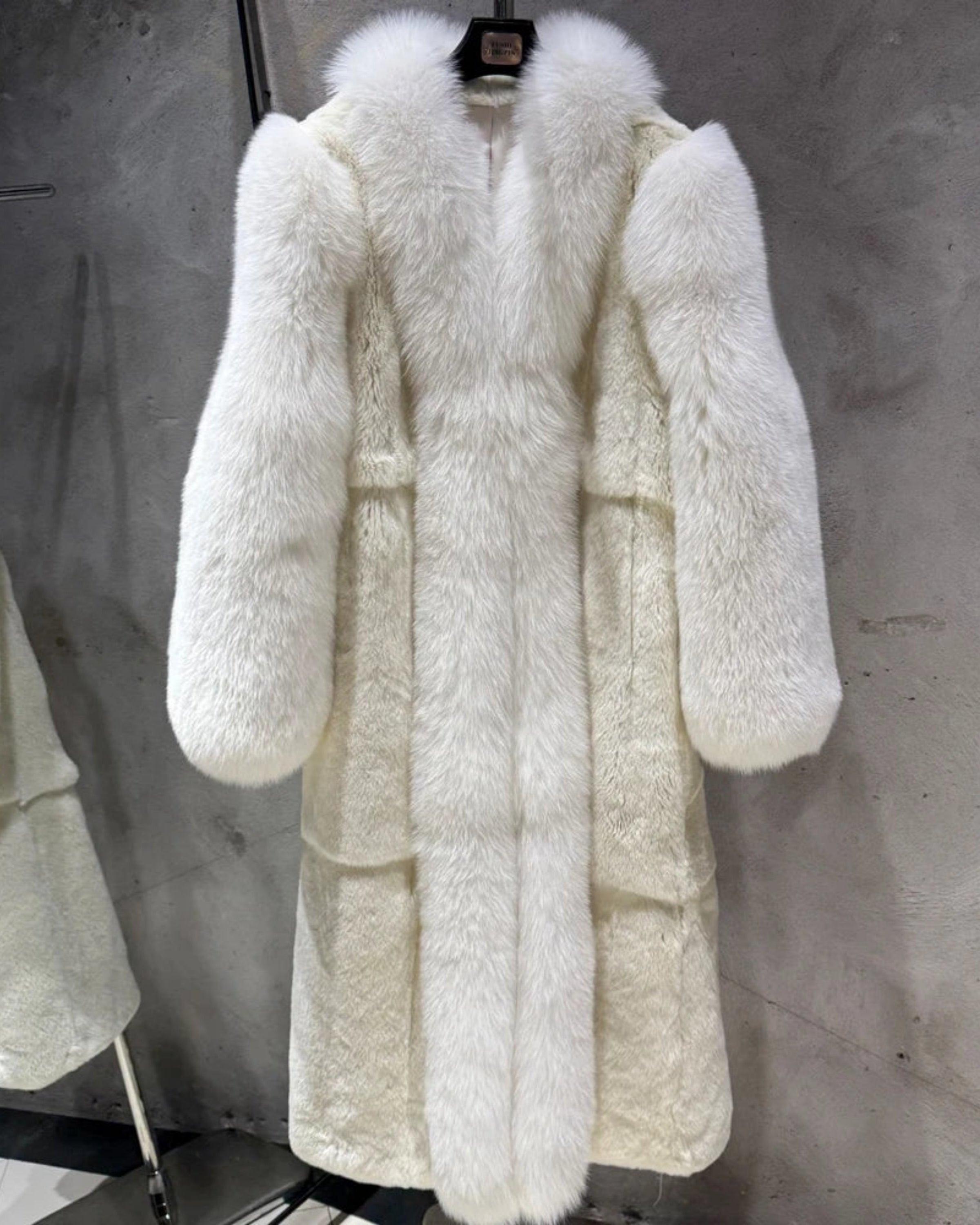 Women's Couture Full Pelt Genuine Fox Fur Platinum Long Coat Exclusive Shawl Collar