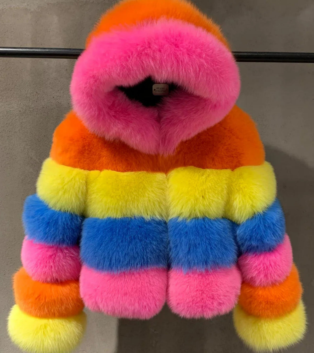 Women's Couture Full Pelt Genuine Fox Fur Rainbow Striped Hooded Bomber Jacket