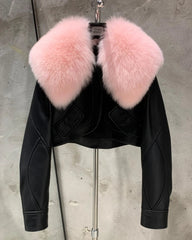 Women's Couture Sheepskin Leather Ski Outerwear Genuine Pink Fox Fur Collar