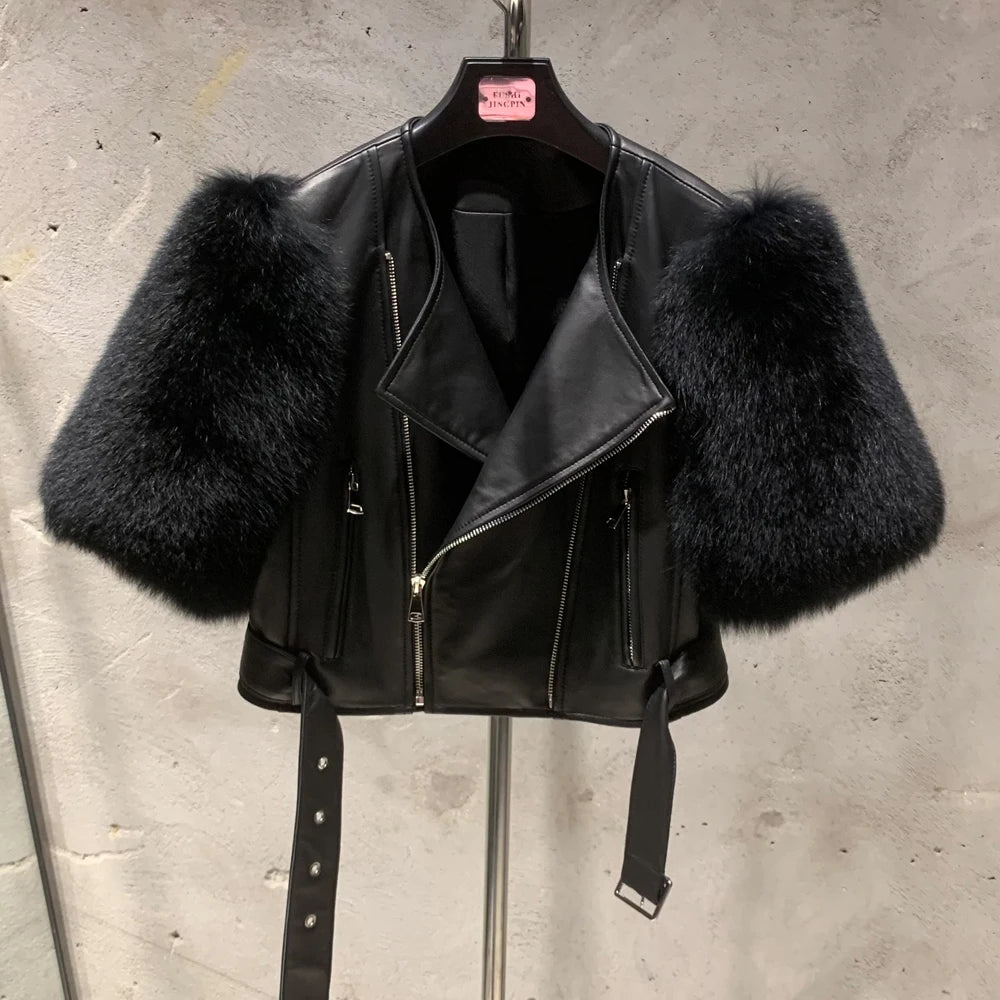 Women's Cropped Leather Jacket with Fox Fur