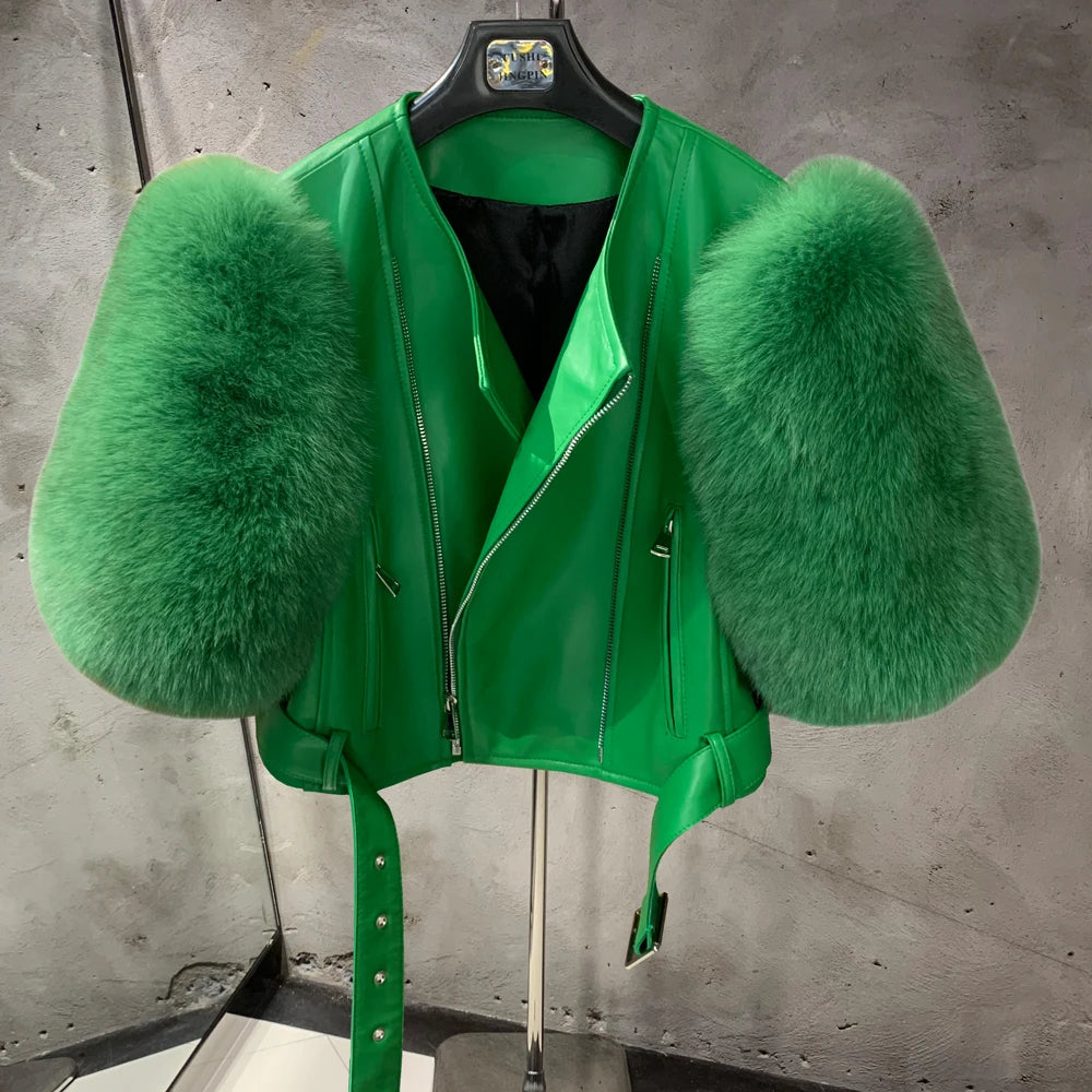 Women's Cropped Leather Jacket with Fox Fur - Green