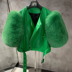 Women's Cropped Leather Jacket with Fox Fur - Green