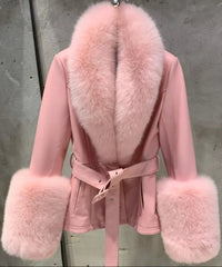 Women's Designer Genuine Leather Jacket - Real Fox Fur Collar