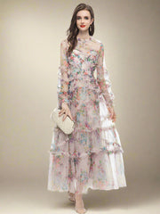 Women's Designer High Neck Ruffled Tiered Floral Print Midi Dress