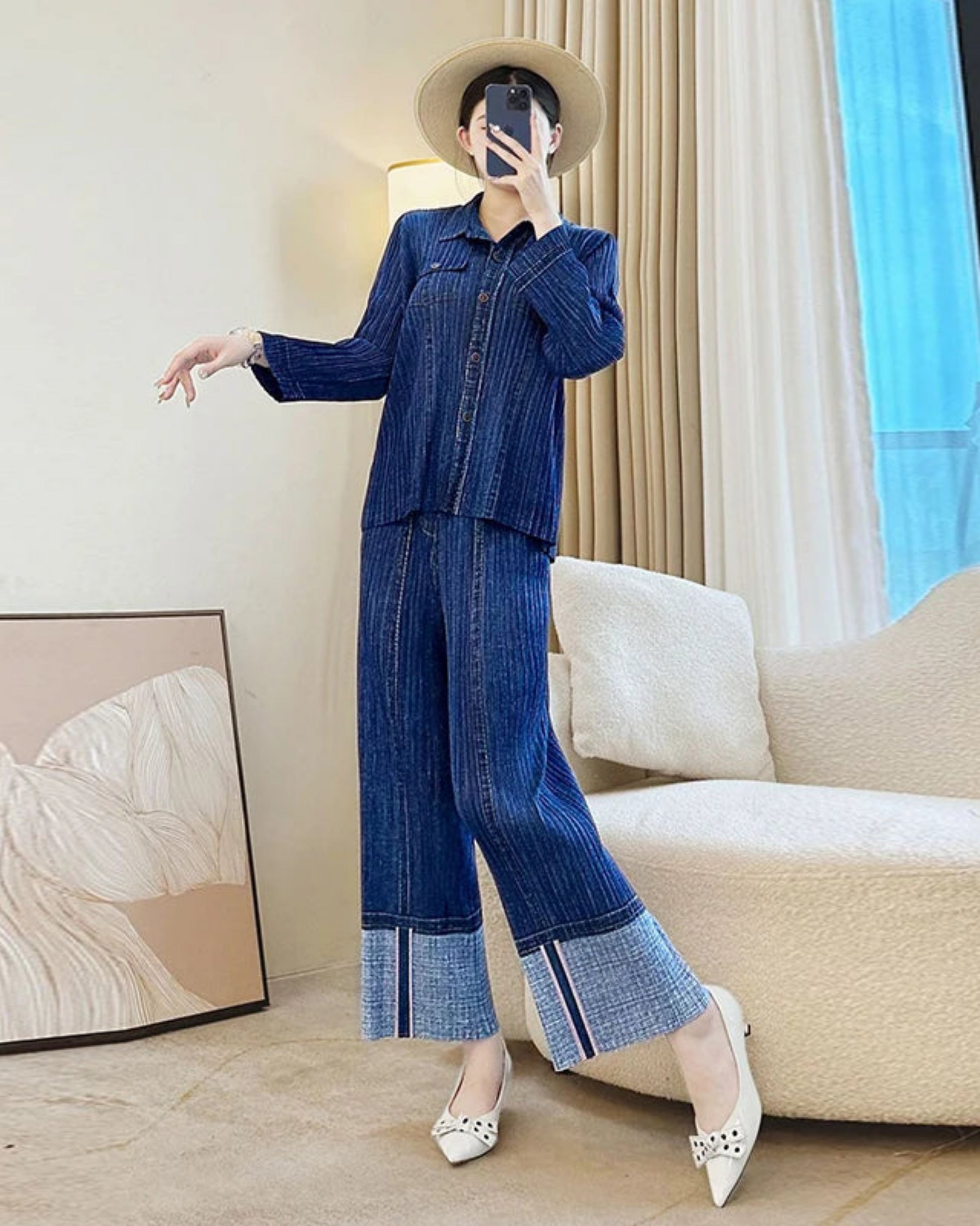 Women's Designer Modern Japanese Pleats Plissé Denim Set Travel Cruise