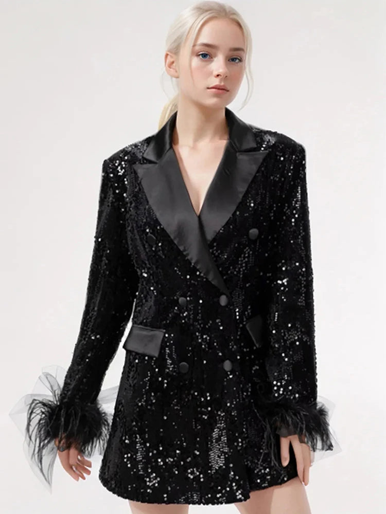 Women's Feather Sleeve Black Sequin Boyfriend Blazer