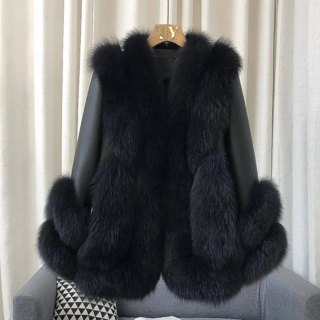 Women's Fox Fur Leather Coat - Black