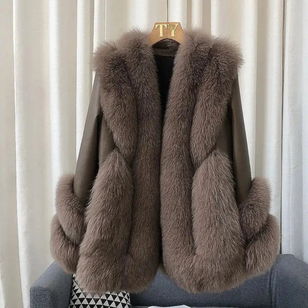 Women's Fox Fur Leather Coat - Brown