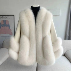 Women's Fox Fur Leather Coat - Cream