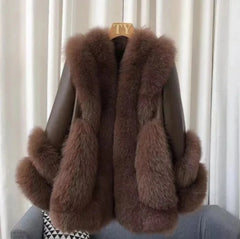 Women's Fox Fur Leather Coat - Mocha