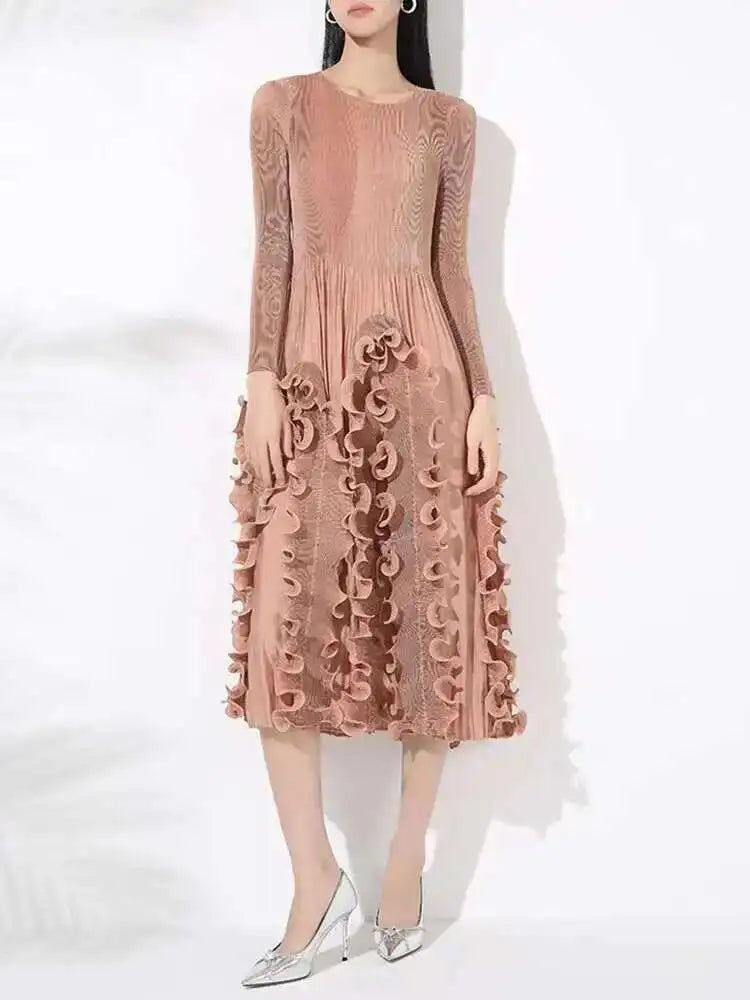 Women's Fully Plissé Pleats Ruffled Midi Dress