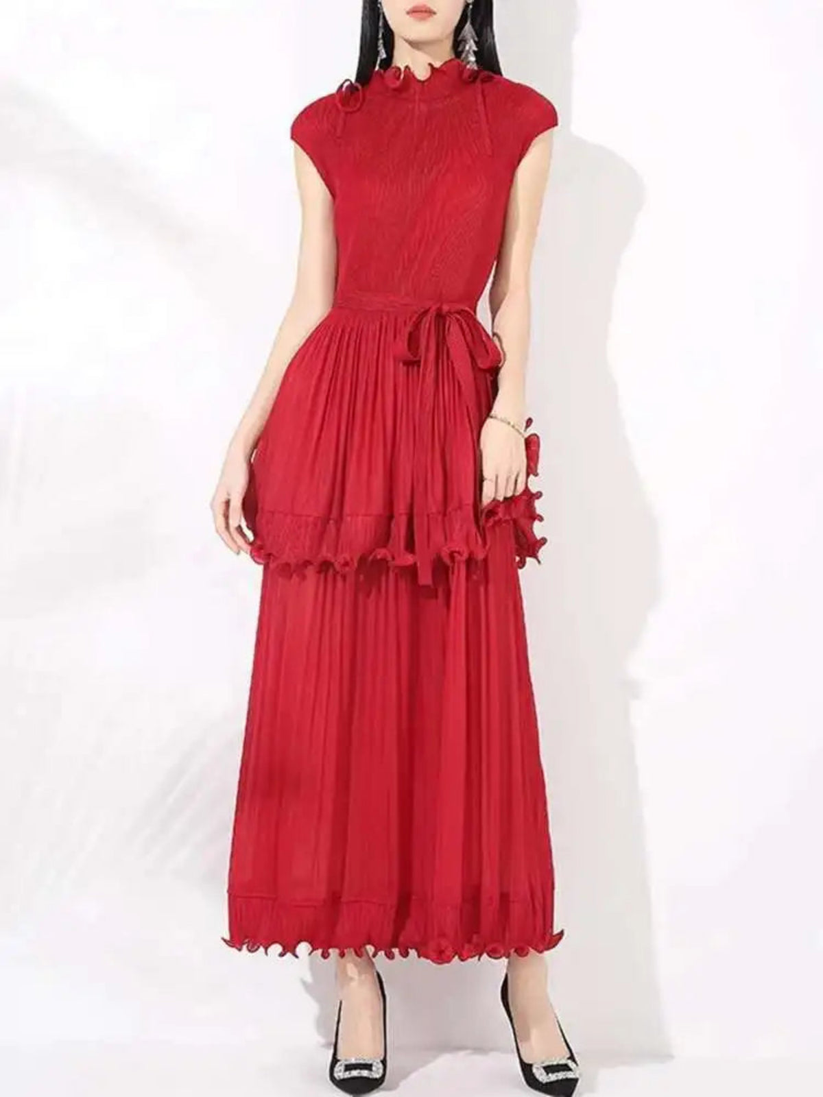Pleated Sleeveless Ruffle Dress
