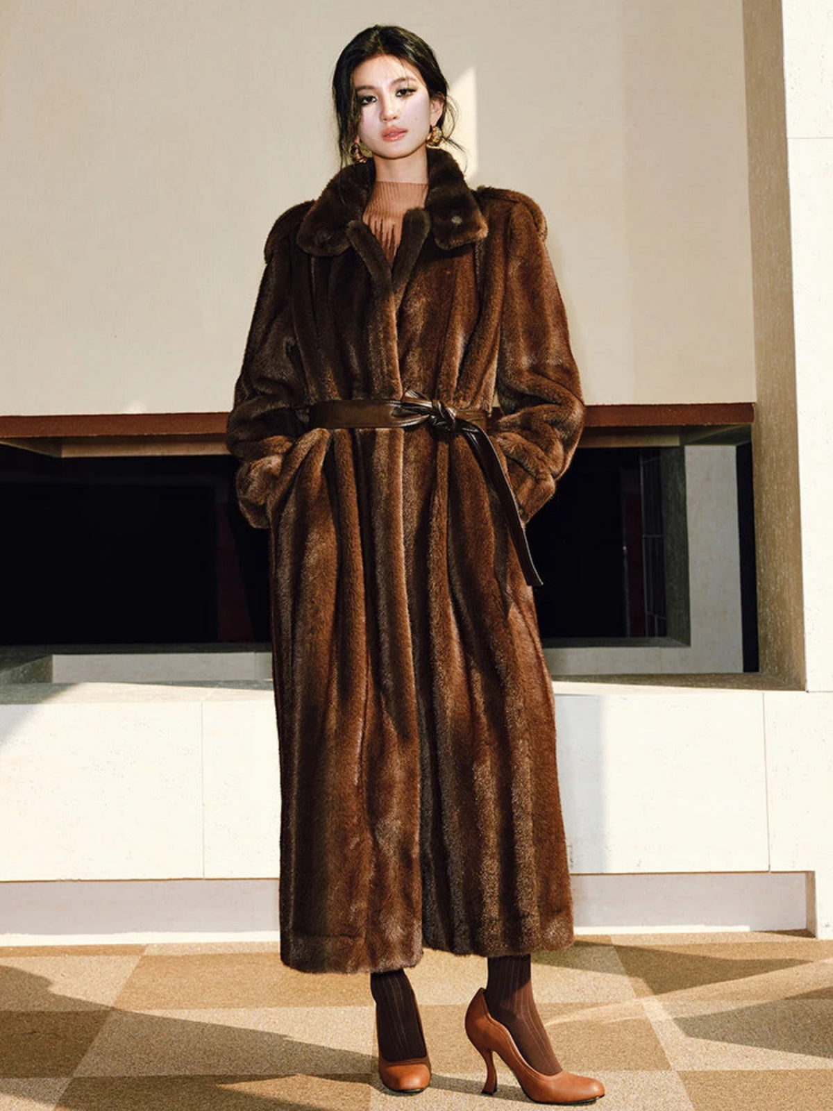 Women's Long Faux Fur Coat Belted – Luxury Style