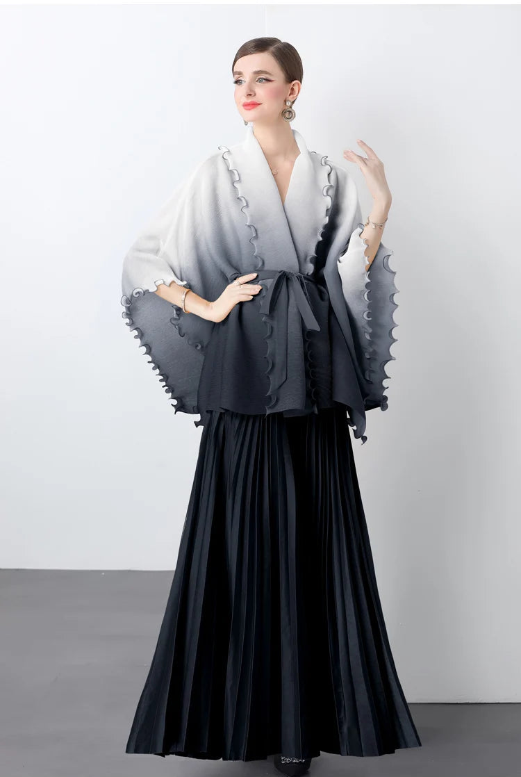 Women's Long Skirt With Top For Wedding – Plissé Pleated Capelet Top &amp; High Waist Maxi Skirt