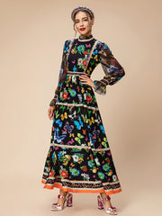Women's Luxurious Boho Midi Dress - Butterfly &amp; Floral, Sheer Long Sleeves