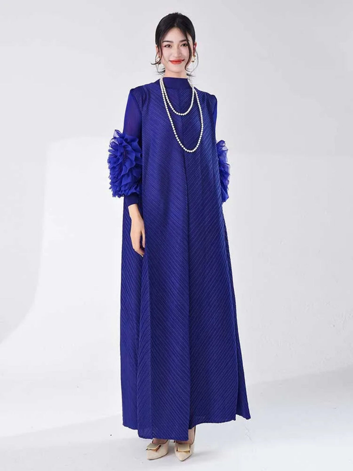 Women’s Luxury Evening Maxi Dress – Japanese Plissé Gown with Ruffle Sleeves