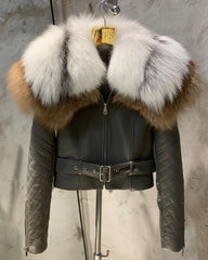 Women's Luxury Lambskin Fox Fur Moto Jacket - Designer