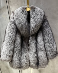 Women's Luxury Silver Grey Fox Fur Jacket