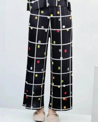 Women's Petite Designer Pleated Pants - Japanese Plisse Luxury Plaid Polka Dot Trousers