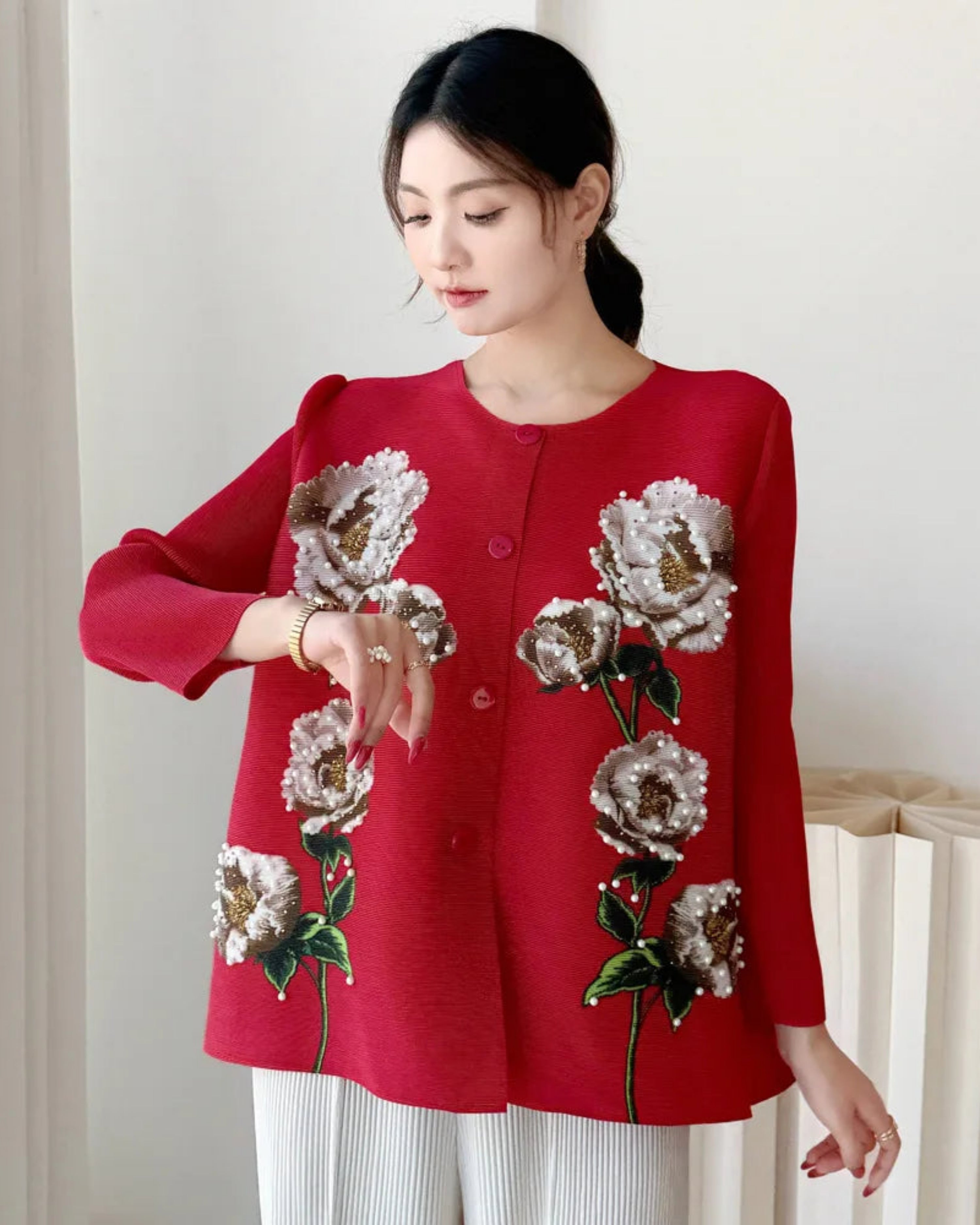 Women’s Pleated Blouse Plissé Floral Japanese-Designer