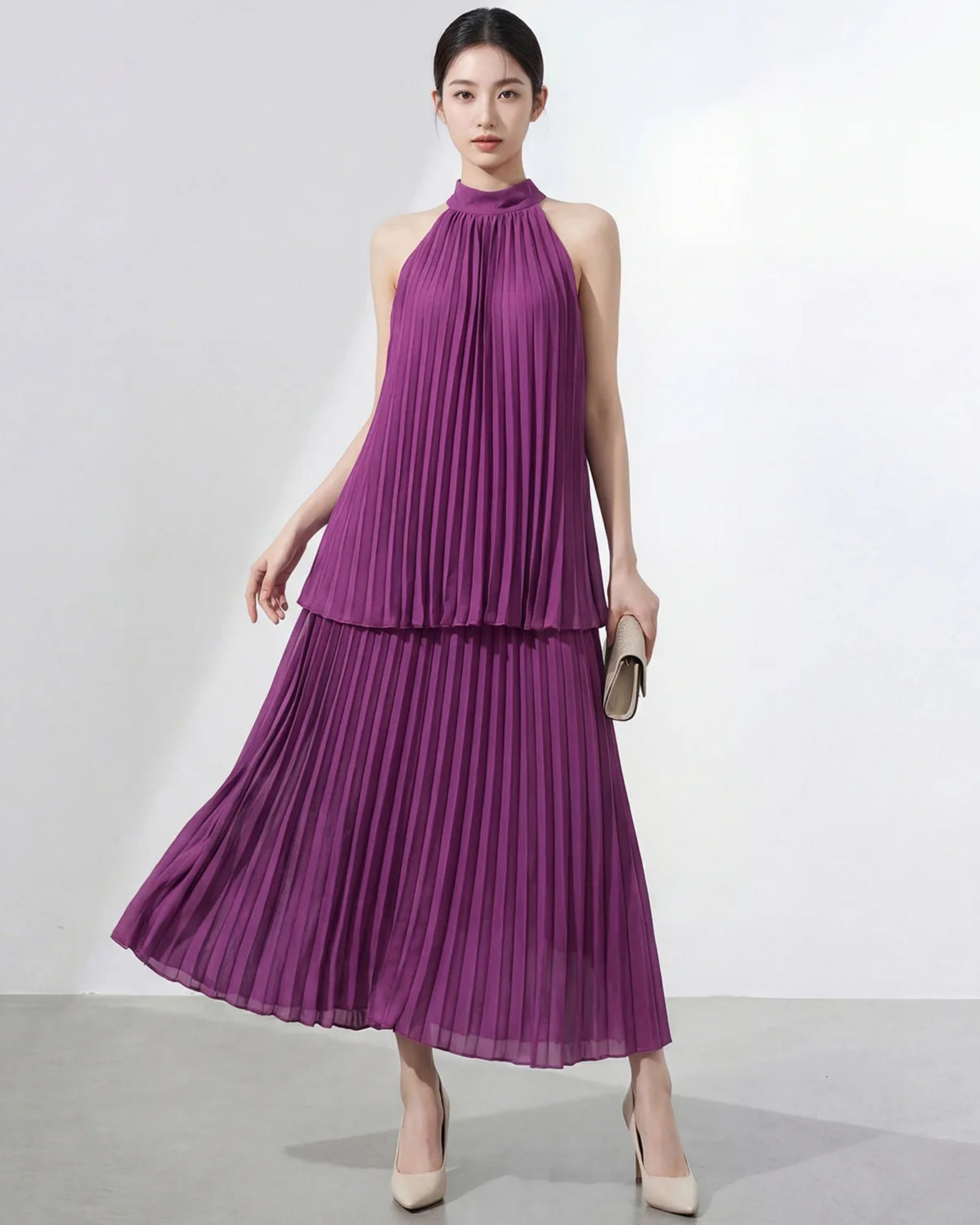 Women’s Pleated Halter Midi Dress Plissé Japanese-Designer