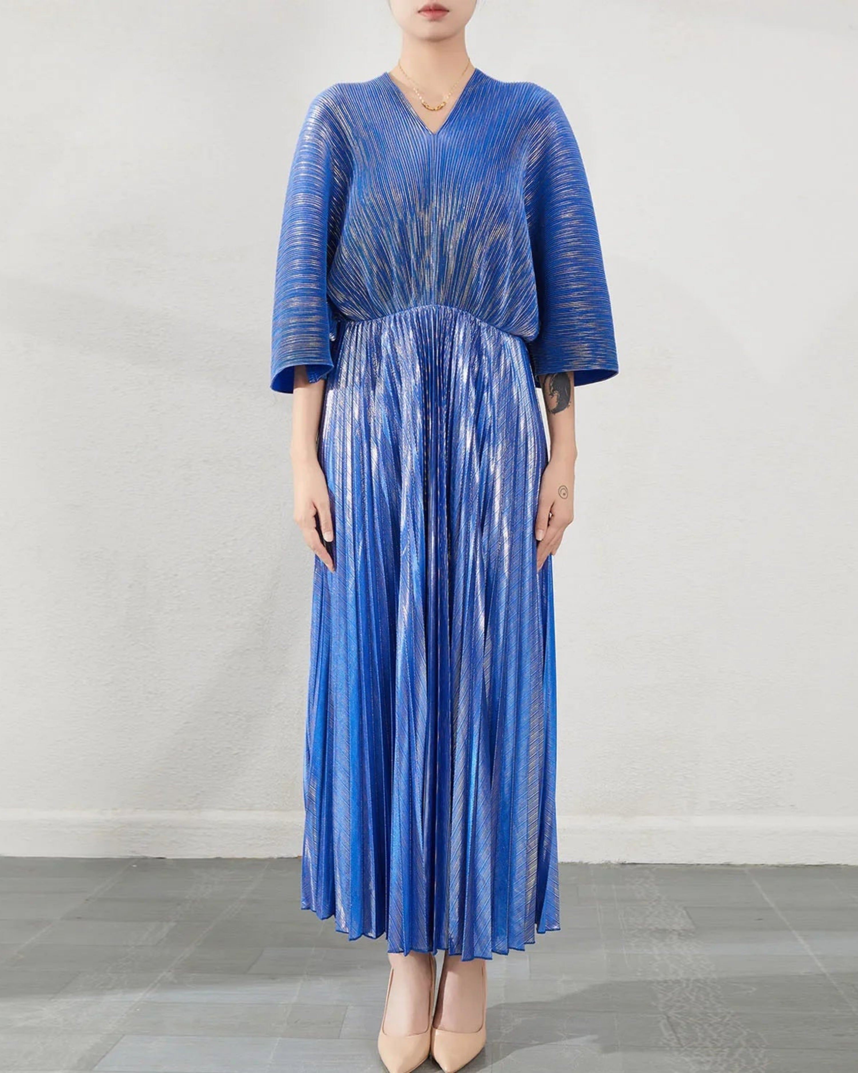 Women’s Pleated Midi Dress Batwing 3/4 Sleeve Plissé Japanese-Designer Travel Formal
