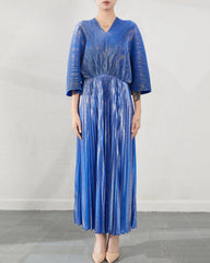 Women’s Pleated Midi Dress Batwing 3/4 Sleeve Plissé Japanese-Designer Travel Formal
