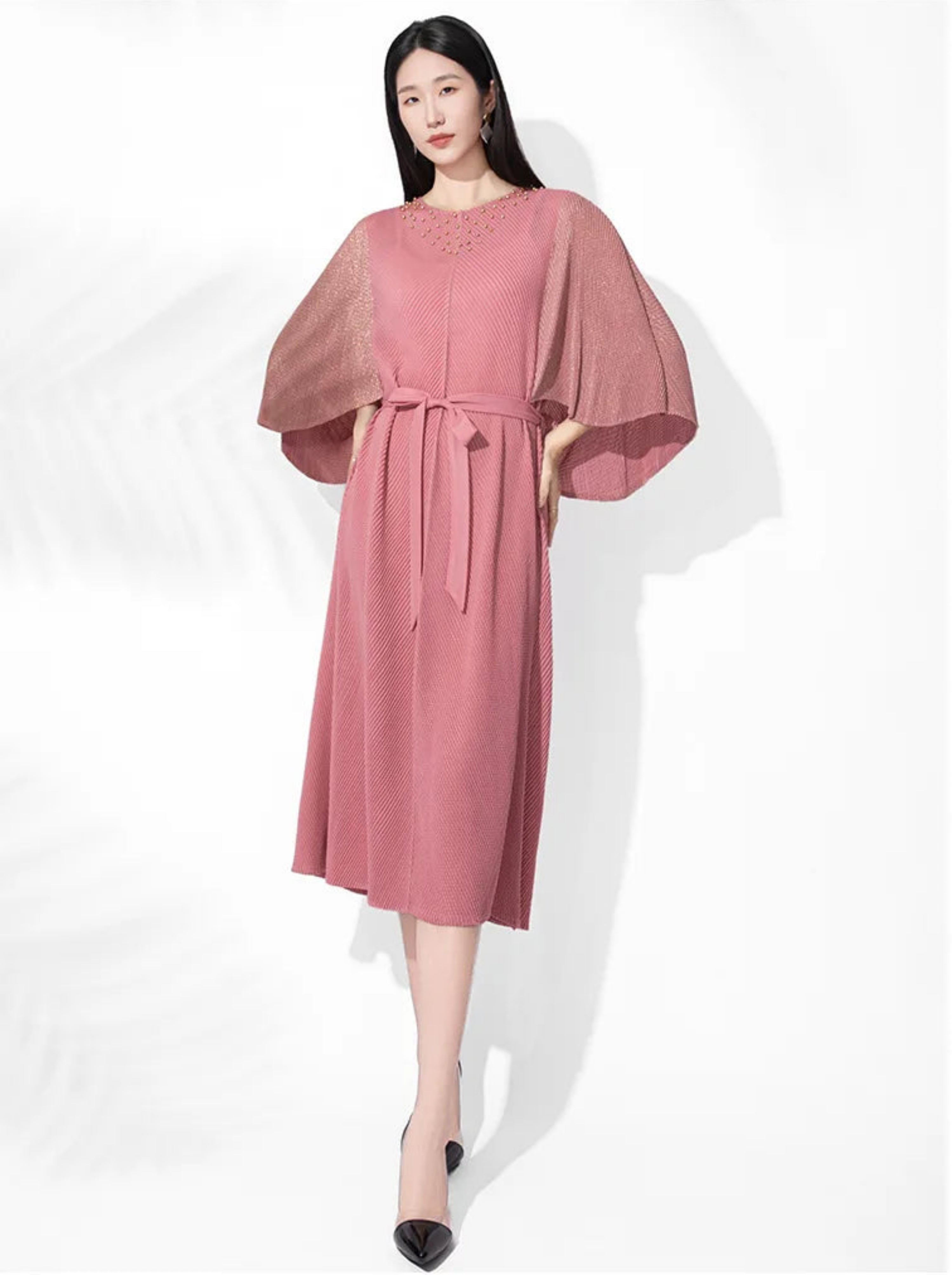 Women’s Pleated Midi Dress Kimono Sleeve Plissé Japanese-Designer