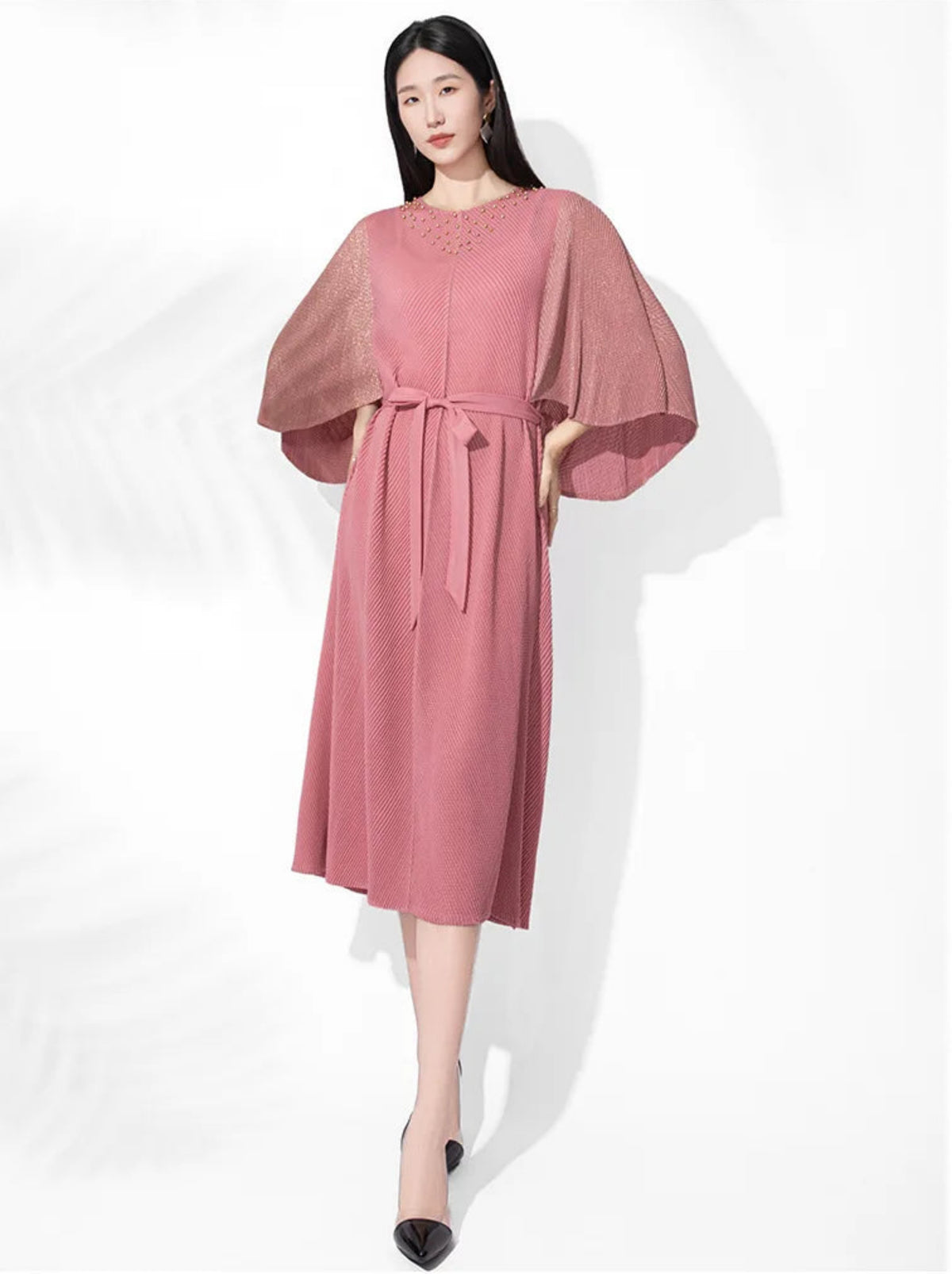 Women’s Pleated Midi Dress Kimono Sleeve Plissé Japanese-Designer